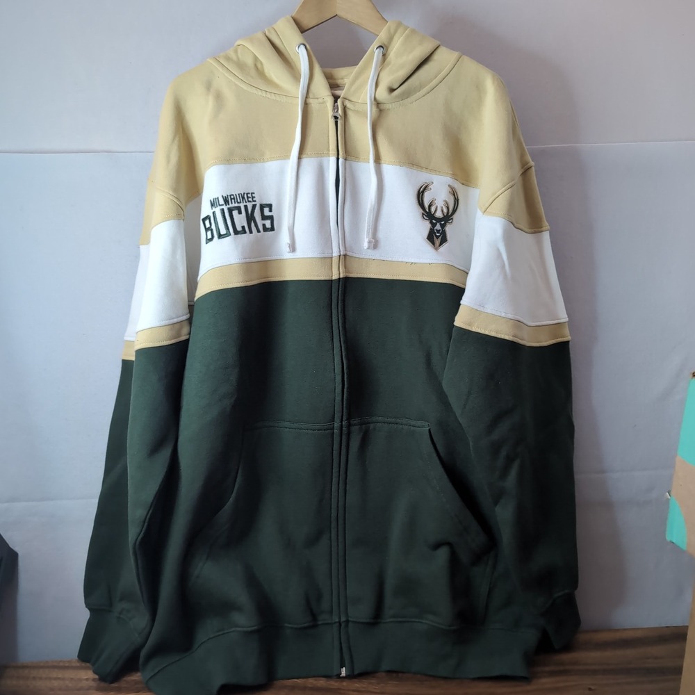 Fanatics Milwaukee Bucks NBA Full Zip Hoodie Colorblock Cream Green Mens 2XL
